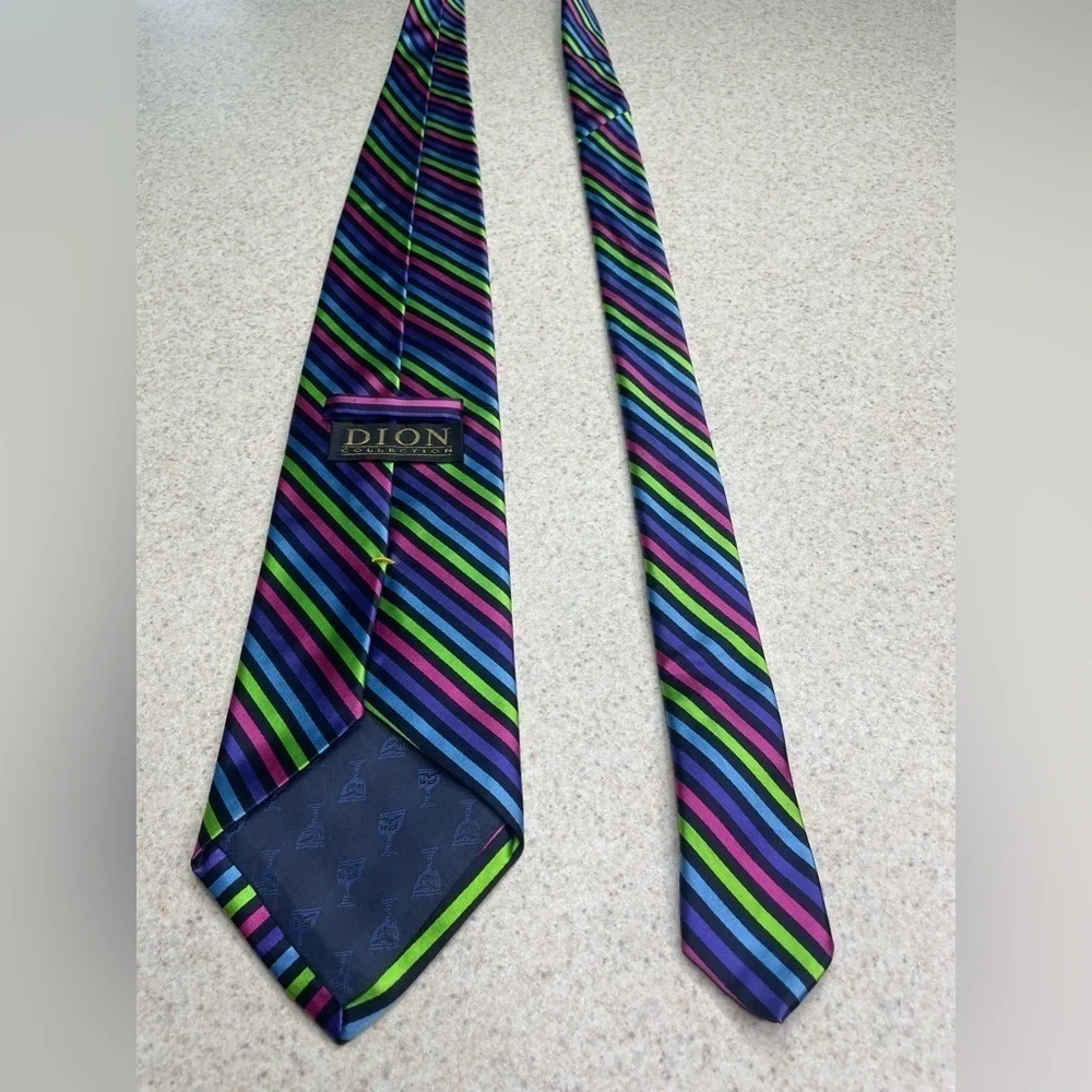 Dion Italian Silk Luxury Tie Purple Green Pink Blue Stripes 58”